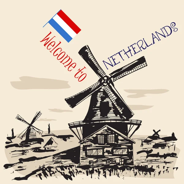 Paisaje tradicional holandés con molinos de viento — Vector de stock