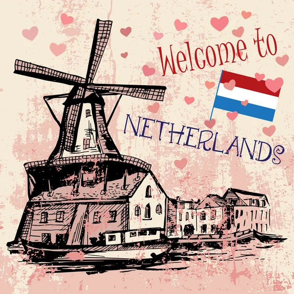 풍차와 전통적인 네덜란드 풍경 — 스톡 벡터