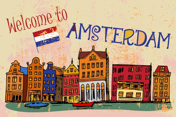 Handritad byggnader Amsterdam - Nederländerna — Stock vektor