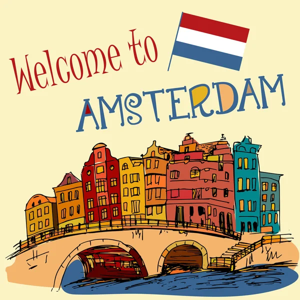 Edifici disegnati a mano Amsterdam - Paesi Bassi — Vettoriale Stock