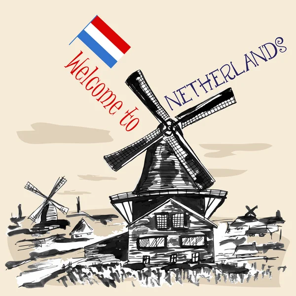 Traditionele Nederlandse landschap met windmolens — Stockvector