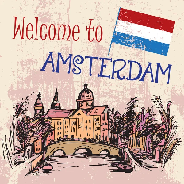 Edifici disegnati a mano Amsterdam - Paesi Bassi — Vettoriale Stock