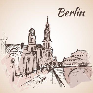 Elle çizilmiş Berlin sokak banklar ile Nehri yakınında