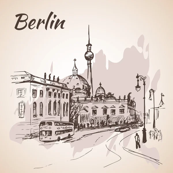 Hand drawn Berlin street with buses and Berlin TV Tower — Stock Vector