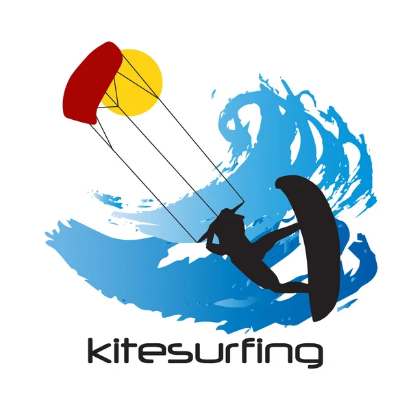 Silhueta preta de homem kitesurf e ondas — Vetor de Stock