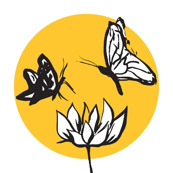 Due farfalle che volano intorno ad un fiore. Isolato sul dorso bianco — Vettoriale Stock