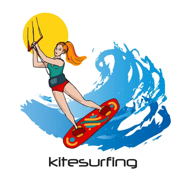 Kitesurf jeune femme colorée, vagues et soleil — Image vectorielle