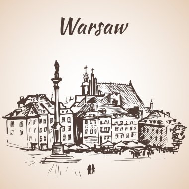 Castle Square in the old quarter of Warsaw, Poland. Sketch. Isol clipart