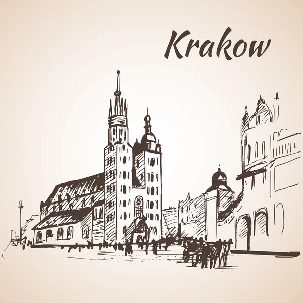 Main Square, Krakow, Poland. Sketch. Isolated on white backgroun — Stock Vector