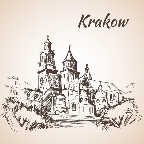 Wawel katedrála - Krakow, Polsko. Skica. solated na bílém pozadí — Stockový vektor