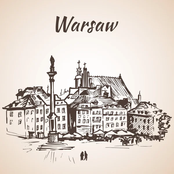 Castle Square, no antigo bairro de Varsóvia, na Polónia. Esboço. Isol. — Vetor de Stock