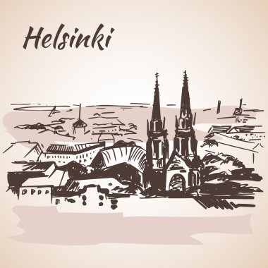 Cityscape Helsinki - Finlandiya. Kroki, üzerinde beyaz backg izole