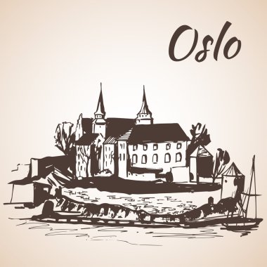 Akershus Fortress, Norveç - kroki, göl kenarında beyaz arka plan üzerinde