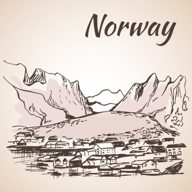 Norveç - harbor, waterfront. Kroki, üzerinde beyaz adam izole