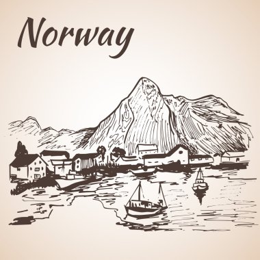 Norveç - harbor, waterfront. Kroki, üzerinde beyaz adam izole