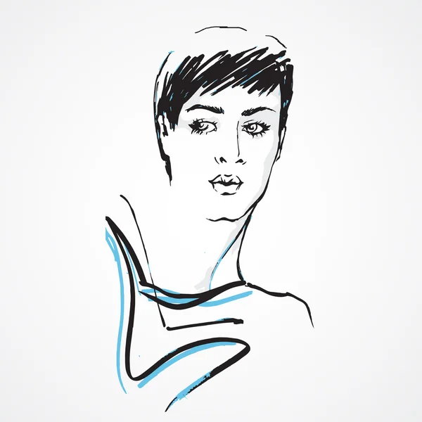 Mode femme visage dessiné à la main. Isolé sur fond blanc — Image vectorielle