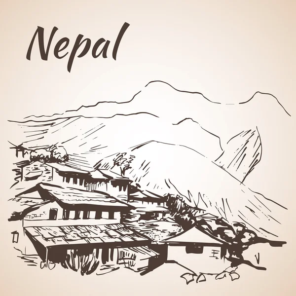 Un pueblo de montaña en Nepal - Circuito de Annapurna — Vector de stock