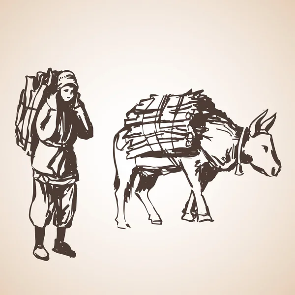 Mann mit Reisig und Stier. isoliert auf weißem Hintergrund — Stockvektor