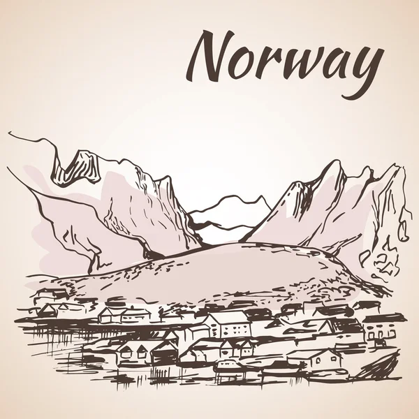 Norvège - port, front de mer. Croquis, isolé sur fond blanc — Image vectorielle