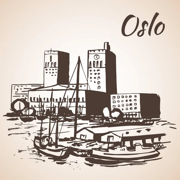 Oslo, Norveç - Oslo City Hall ve Waterfront. Kroki, izole — Stok Vektör