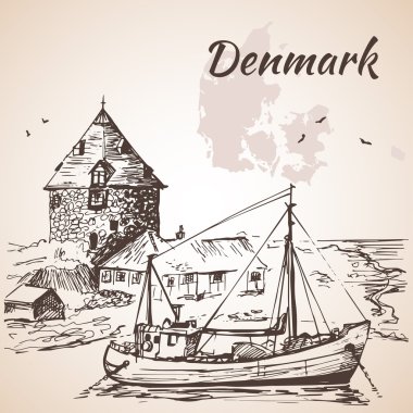 Danimarka Köyü ve gemi sahnesi.