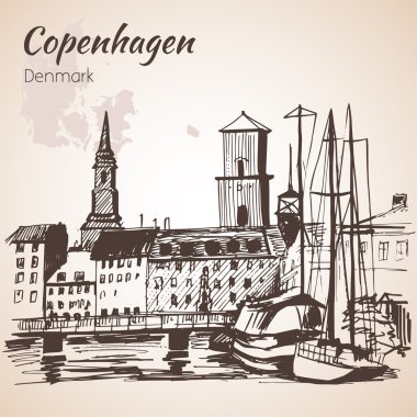 Su ve gemi ile Kopenhag Cityscape