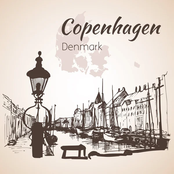 Cityscape de Copenhague com água e navios — Vetor de Stock