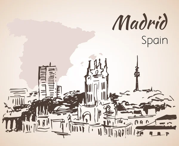 Panoráma města Madrid s mapou. — Stockový vektor