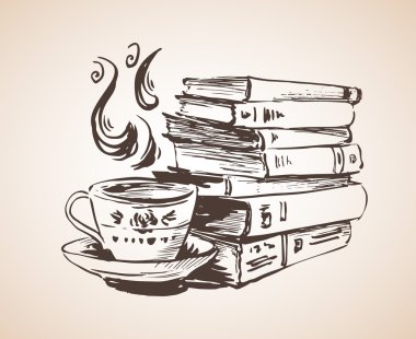 Yığın kitap çay ile. 