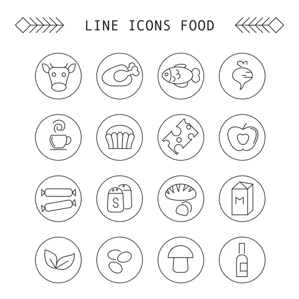 Reihe von linearen Symbolen für verschiedene Arten von Speisen und Getränken — Stockvektor