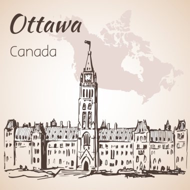 Gotik Revival Parlamentosu binalar Ottawa ve harita. 
