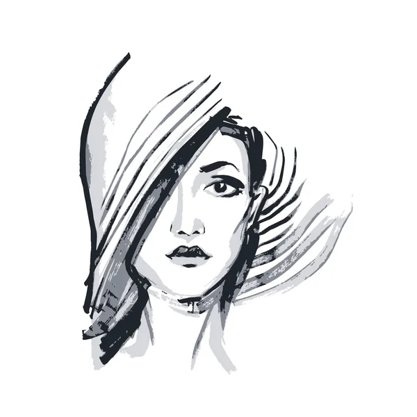 Visage jeune femme dessiné à la main . — Image vectorielle