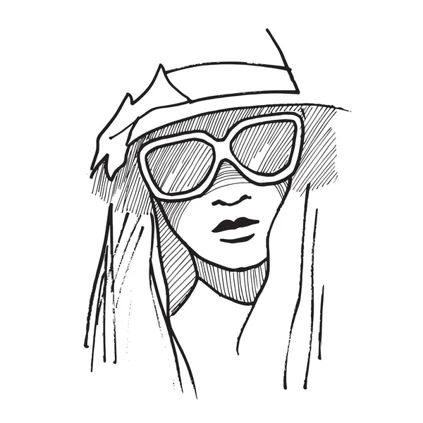 Ручное нарисованное лицо молодой женщины в солнечных очках. Isolated on whit — стоковый вектор