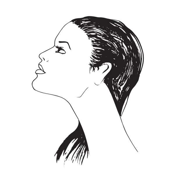 Ręcznie rysowane profil młoda kobieta z długimi włosami. — Wektor stockowy