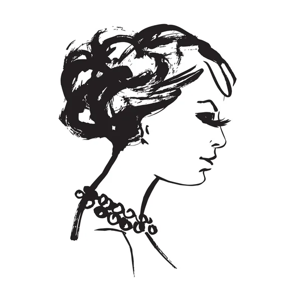 Ręcznie rysowane profil młoda kobieta z dużymi włosy. — Wektor stockowy