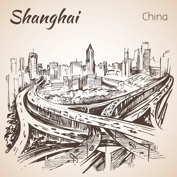 Shanghai paysage dessiné à la main . — Image vectorielle