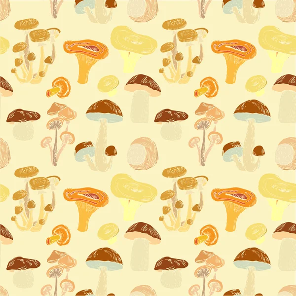 Seamless pattern with hand drawn edible mushrooms — Stock Vector