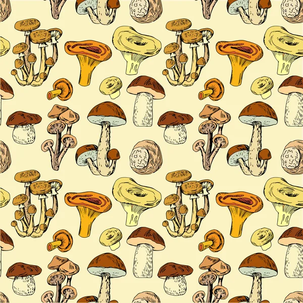 Seamless pattern with hand drawn edible mushrooms — Stock Vector