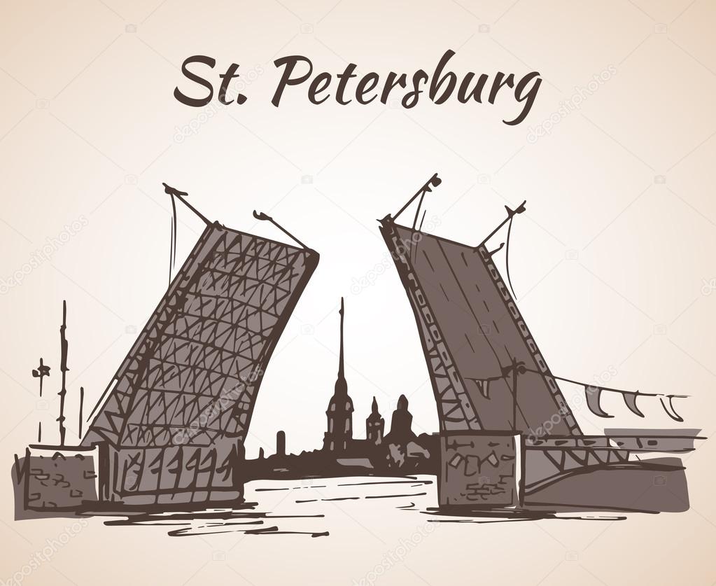 Hand drawn Saint Petersburg bridge and flag