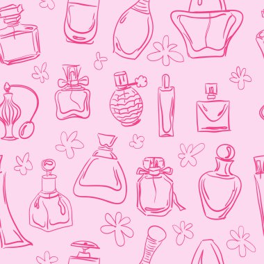 Elle çizilmiş seamless modeli pembe kontur parfüm şişe ile