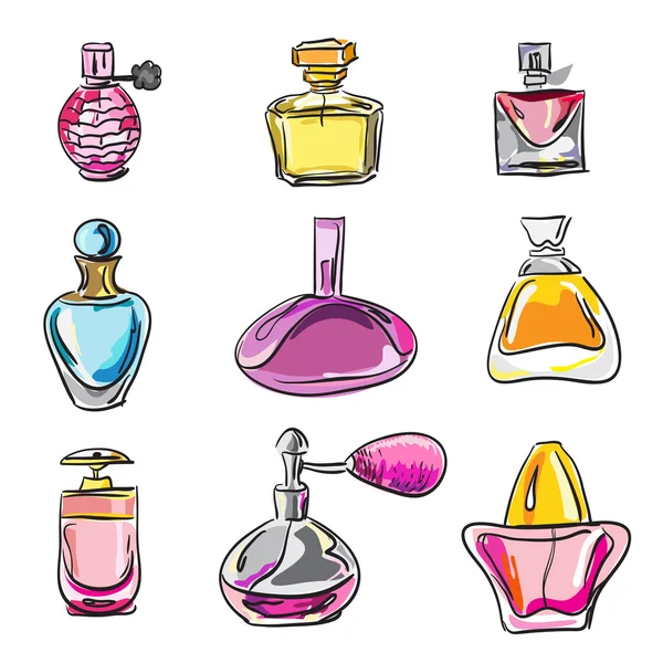 Dibujado a mano Conjunto de diferentes tipos de botellas de perfume — Vector de stock