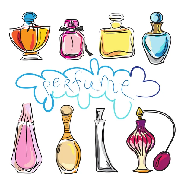Set disegnato a mano di diversi tipi di bottiglie di profumo — Vettoriale Stock