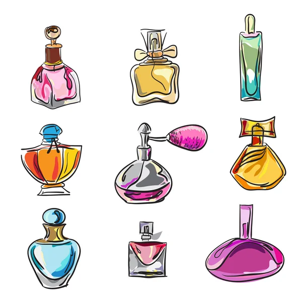 Handgezeichnetes Set von verschiedenen Arten von Parfümflaschen — Stockvektor