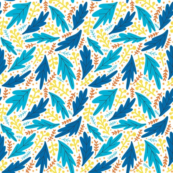 Nahtloses Muster Blauen Und Gelben Farben Mit Abstrakten Blättern Auf — Stockfoto