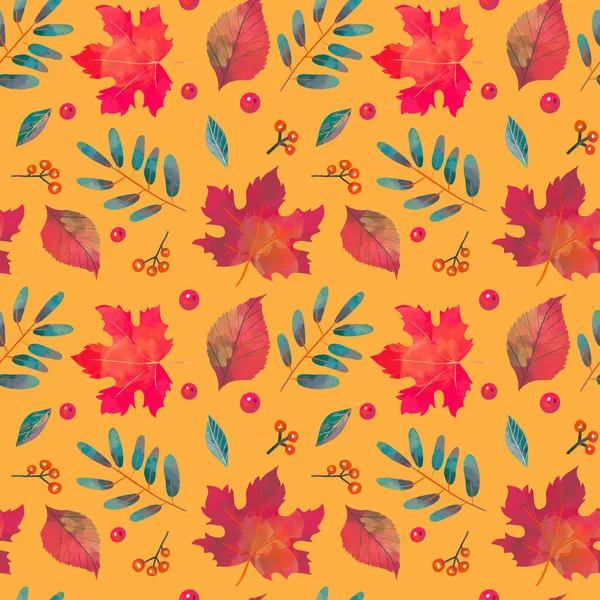 Colorful Hand Dawn Autumn Leaves Orange Background Thanksgiving Seamless Pattern — Stock Photo, Image