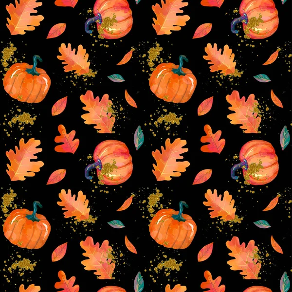 Colorful Hand Dawn Autumn Leaves Pumpkins Black Background Thanksgiving Seamless — Stock Photo, Image