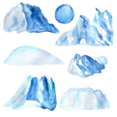 İzole edilmiş el çizimi suluboya beyaz arka planda duruyor. Beyaz kar kış dağı