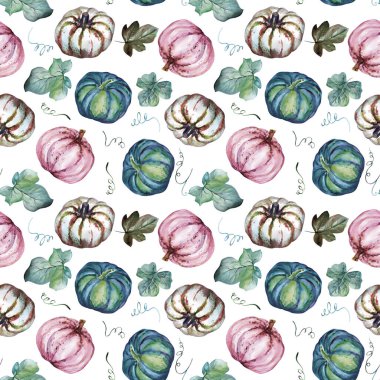 Beyaz arka planda balkabağı ve sonbahar yapraklı suluboya deseni. Şükran Günü Dekorasyonu