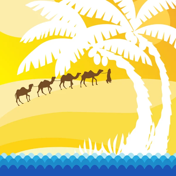 Žluté pozadí s palmy a velbloudi — Stockový vektor