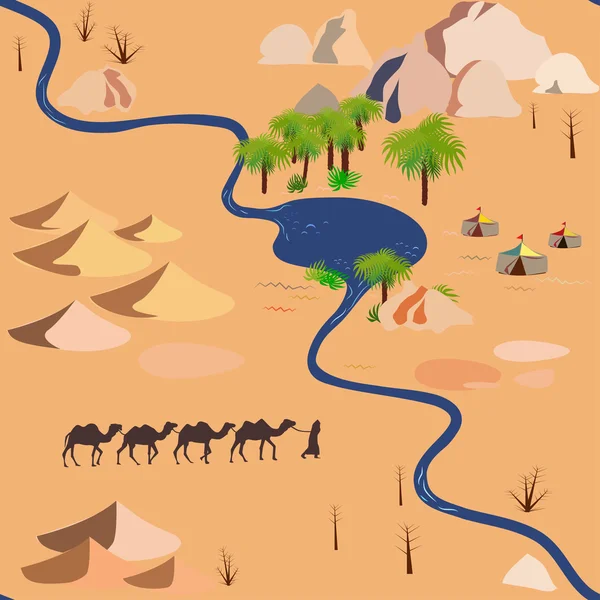 Nahtloses Muster mit Fluss, Palmen und Kamelen — Stockvektor
